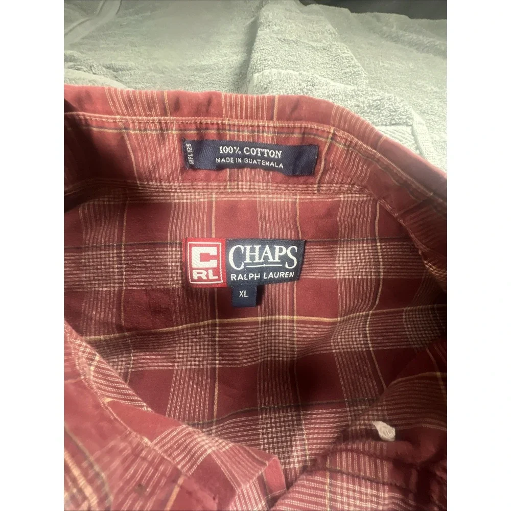 VINTAGE CHAPS RALPH‎ LAUREN  mens Size XLarge plaid maroon button down shirt 90s